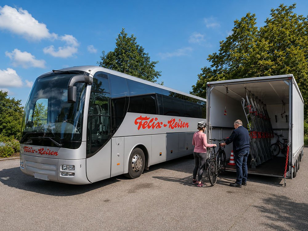 Radreise mit Fahrradtransport von Felix Reisen Felix Reisen Reisebus mit Fahrradanhänger beim Verladen von Fahrrädern für geführte Radreisen