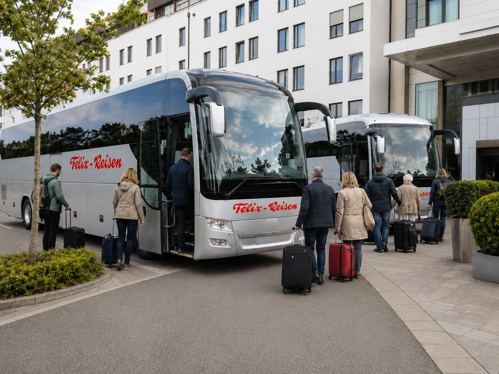 Busreise mit Felix Reisen vor dem Hotel Reisende steigen mit Gepäck in Felix Reisen Busse vor einem Hotel ein