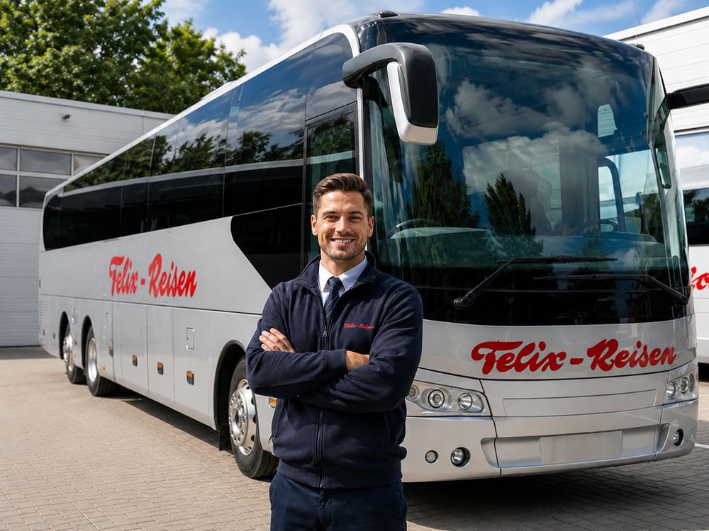 Stellenangebote bei Felix Reisen Mitarbeiter vor einem Felix Reisen Reisebus als Motiv für Stellenangebote und Jobs im Busunternehmen